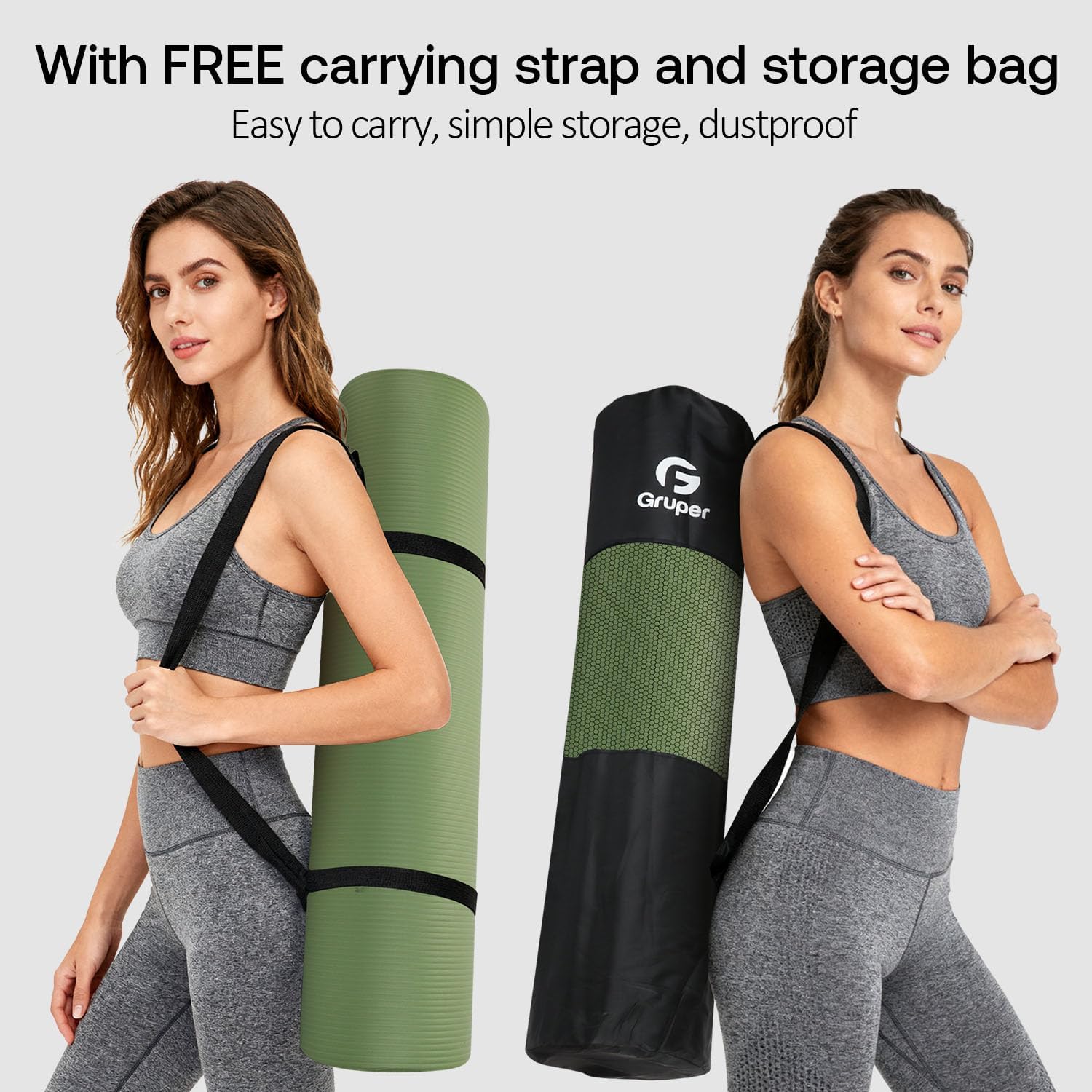 Gruper Yoga Mat Non Slip NBR Extra Thick Yoga Mat, 72L x 32/24W x 0.6/0.4TH (185cm x 80cm/61cm x 15mm/10mm), Anti-Tear Exercise Mat with Carrying Strap and Bag, Workout Mats for Yoga, Pilates